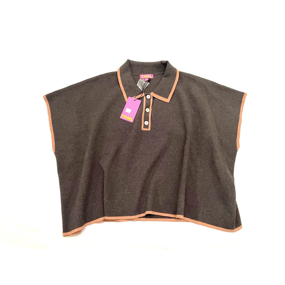 NEW THML Anthropologie Knit Sweater Polo Medium Brown Poncho Sleeveless WK0548-G